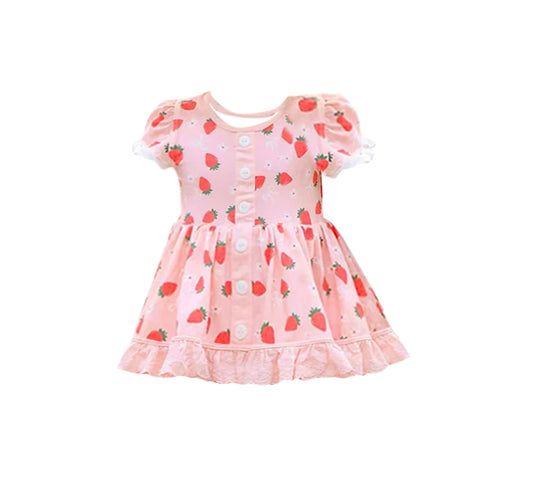 10.27 GSD2964 Pre Order No moq Baby Girls Strawberry Flowers Button Ruffle Knee length Dresses