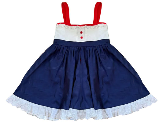 10.27 GSD2967 Pre Order No moq Baby Girls Strap Button July 4th Ruffle Knee length Dresses