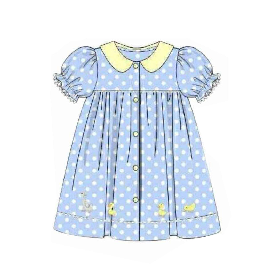 10.28 GSD2971 Pre Order No moq Baby Girls Polka Dots Gooses Ducks Button Knee length Dresses