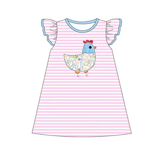 10.28 GSD2972 Pre Order No moq Baby Girls Pink Stripe Floral Chick Farm Knee length Dresses