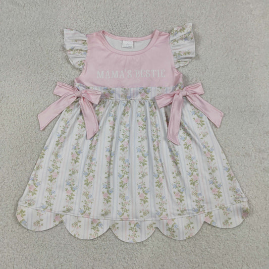 GSD2973 RTS NO MOQ （In stock）Baby Girls Summer Fashion Flutter Sleeve Mama's Bestie Flowers Stripe Bows Knee length Dresses