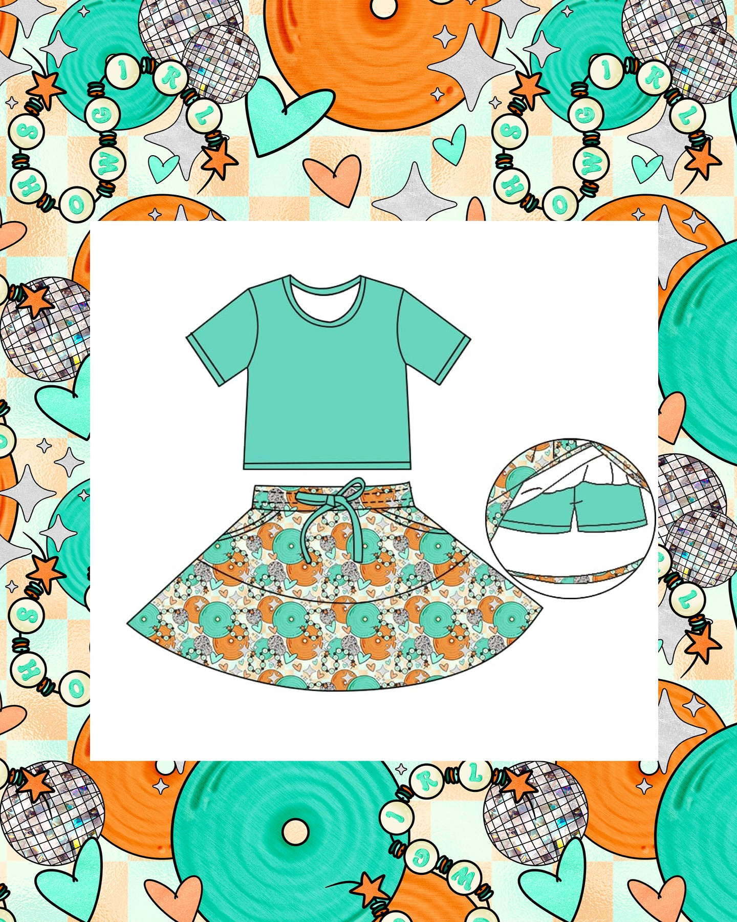 10.28 GSD2974 Pre order No Moq  Baby Girls Aqua Short Sleeve Top Hearts Pockets Skirt Shorts Clothes Sets