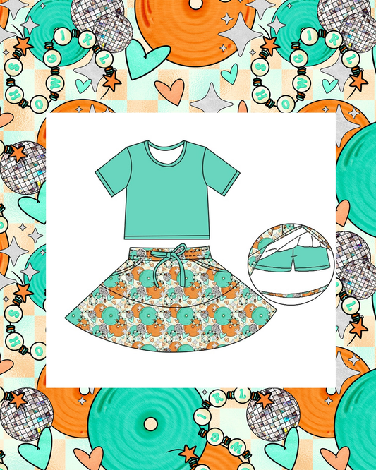 10.28 GSD2974 Pre order No Moq  Baby Girls Aqua Short Sleeve Top Hearts Pockets Skirt Shorts Clothes Sets