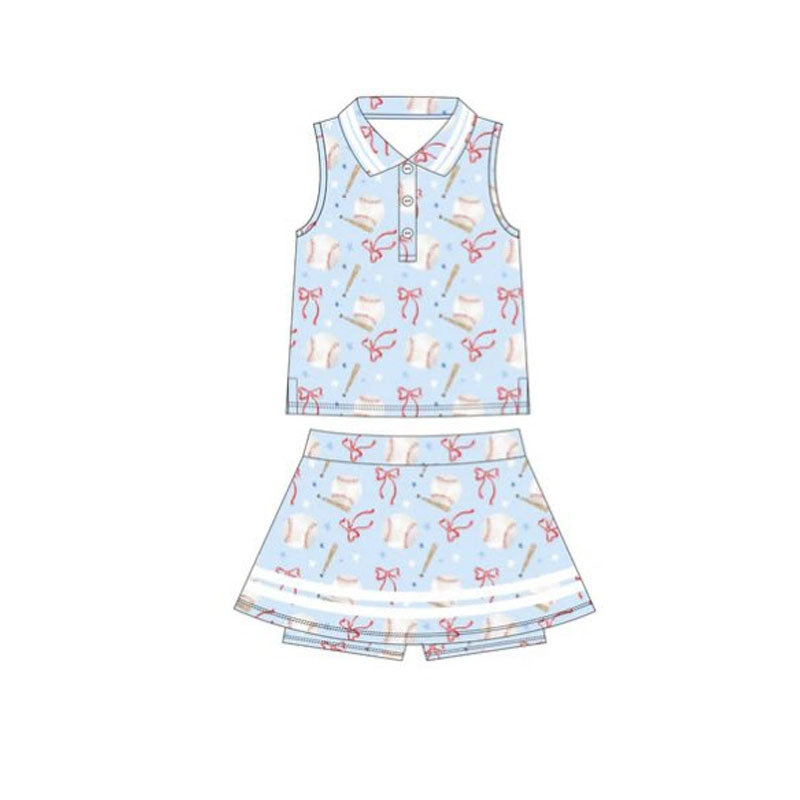 10.28 GSD2976 Pre order No Moq Yoga fabric Baby Girls Bows Baseballs Plaid Button Top Skirt Shorts Yoga Clothes Set