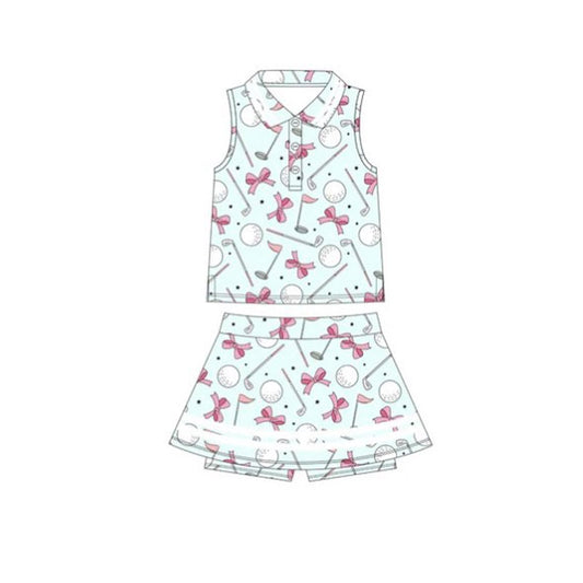 10.28 GSD2977 Pre order No Moq Yoga fabric Baby Girls Bows Golf Plaid Button Top Skirt Shorts Yoga Clothes Set