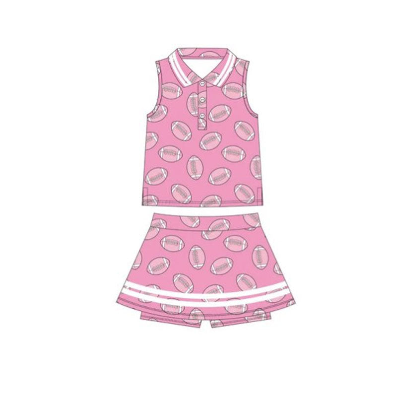 10.28 GSD2978 Pre order No Moq Yoga fabric Baby Girls Pink Footballs Plaid Button Top Skirt Shorts Yoga Clothes Set