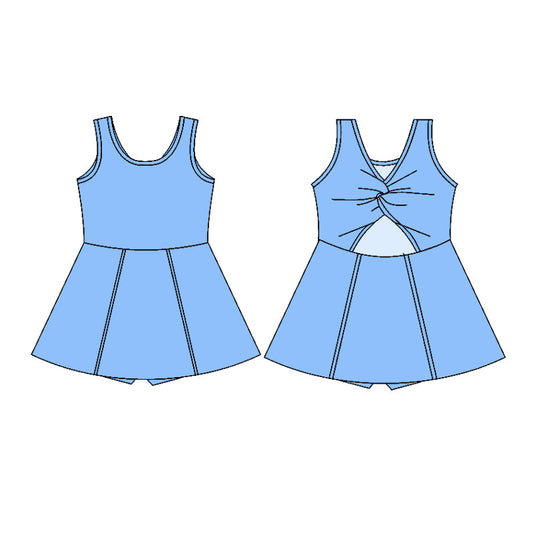 10.31 GSD2992 Pre order No Moq Yoga fabric Baby Girls Blue Sleeveless Yoga Active Shorts Knee Length Dresses
