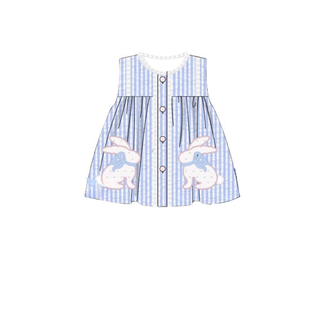 10.31 GSD2993 Pre order No Moq Baby Girls Sleeveless Blue Stripe Rabbits Button Easter Knee length Dresses
