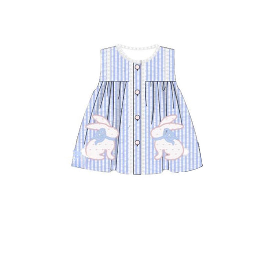 10.31 GSD2993 Pre order No Moq Baby Girls Sleeveless Blue Stripe Rabbits Button Easter Knee length Dresses