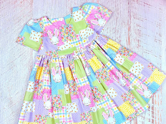 10.31 GSD2997 Pre order No Moq Baby Girls Rabbits Flowers Checked Easter Knee length Dresses