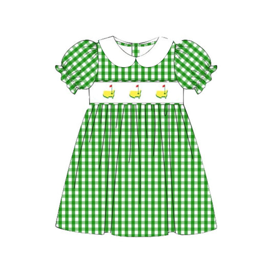 10.31 GSD2998 Pre order No Moq Baby Girls Green Checked Golf Flags Collar Knee length Dresses