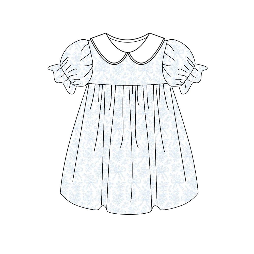 10.31 GSD2999 Pre order No Moq Baby Girls Light Blue Bows Flowers Collar Knee length Dresses