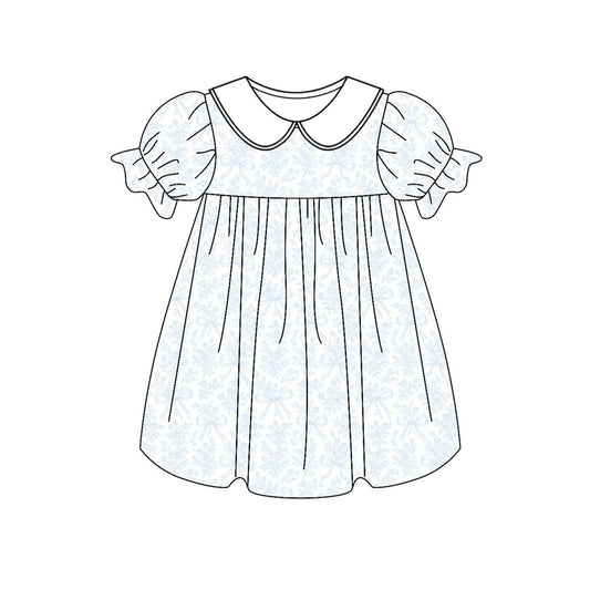 10.31 GSD2999 Pre order No Moq Baby Girls Light Blue Bows Flowers Collar Knee length Dresses