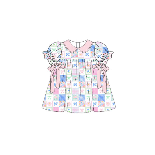 10.31 GSD3001 Pre order No Moq Baby Girls Flowers Bows Checked Bows Collar Knee length Dresses
