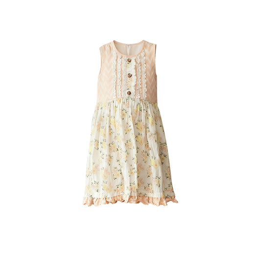 11.1 GSD3006 Pre order No Moq Baby Girls Light Pink Floral Button Ruffle Knee Length Dresses