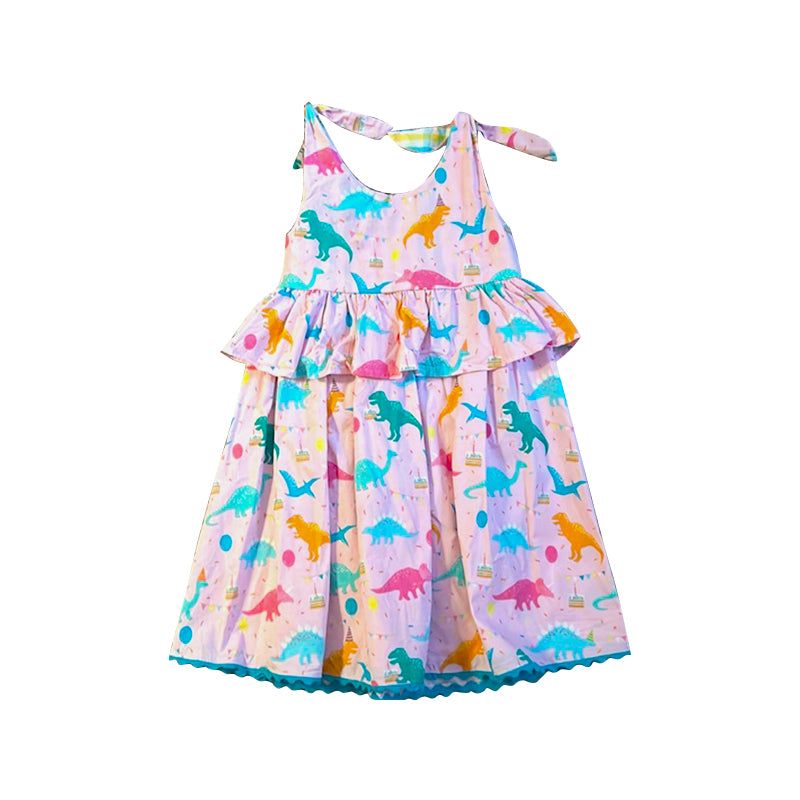 11.1 GSD3007 Pre order No Moq Baby Girls Bows Sleeveless Colorful Dinosaurs Ruffle Knee Length Dresses