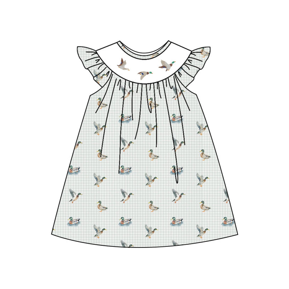 11.1 GSD3008 Pre order No Moq Baby Girls Grey Checked Ducks Hunting Knee Length Dresses