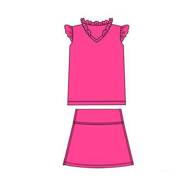 11.3 GSD3016 Pre order No Moq Yoga fabric Baby Girls Hot Pink Flutter Sleeve Shirts Top Skirts Shorts Yoga Clothes Sets