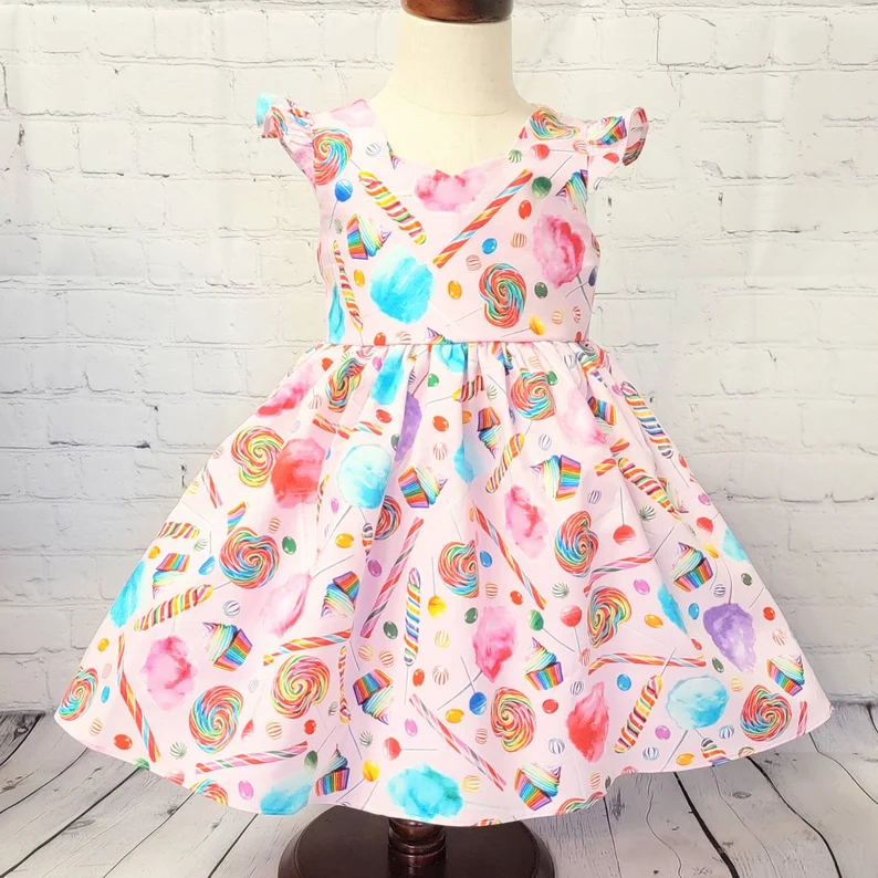 11.3 GSD3018 Pre order No Moq Baby Girls Flutter Sleeve Colorful Candy Knee Length Dresses