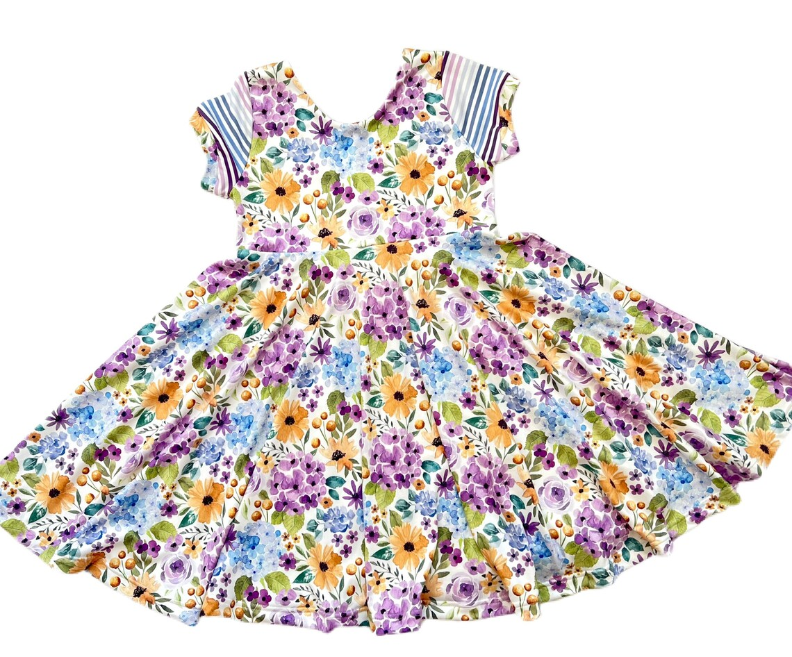 11.3 GSD3019 Pre order No Moq Baby Girls Flutter Sleeve Purple Orange Flowers Knee Length Dresses