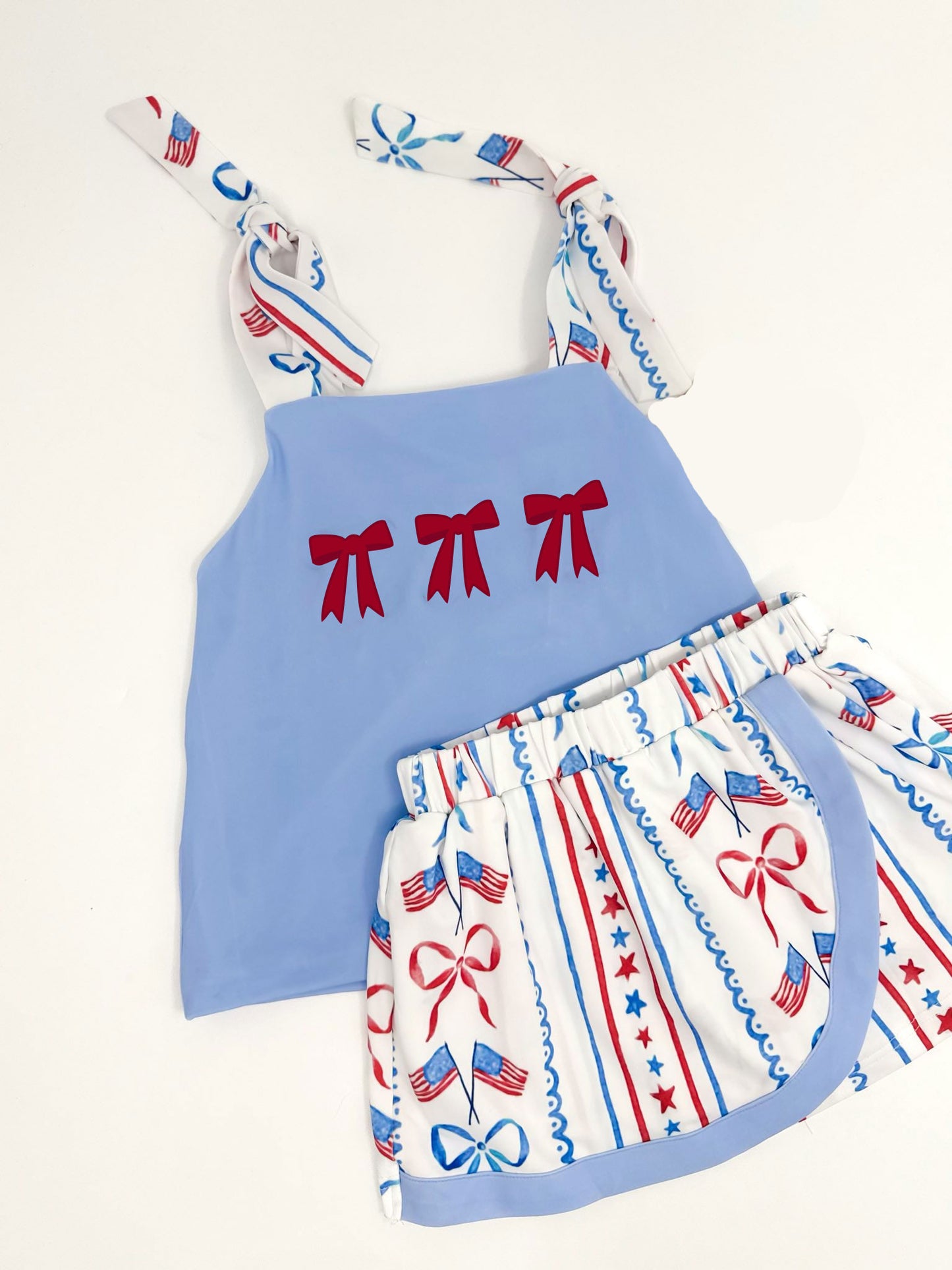 11.4 GSD3025 Pre order No Moq Baby Girls Strap Tunic Flags Bows Stripe Skirts July 4th Clothes Sets
