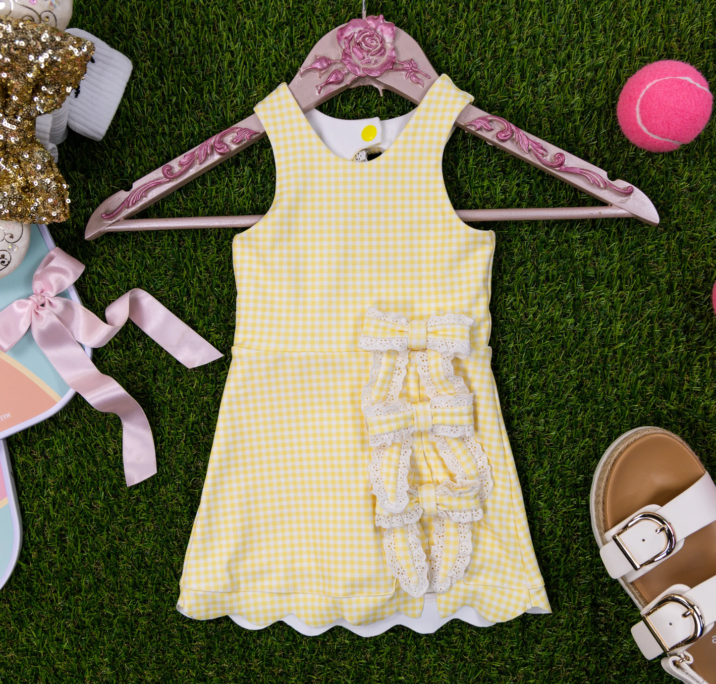 11.5 GSD3027 Pre order No Moq Yoga fabric Baby Girls Sleeveless Yellow Checked Yoga Shorts Bows Knee Length Dresses