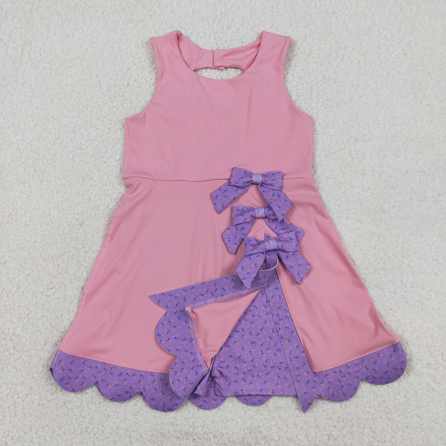 GSD3028 RTS NO MOQ （In stock ）Sleeveless floral bow pink kids girls summer athletic dress