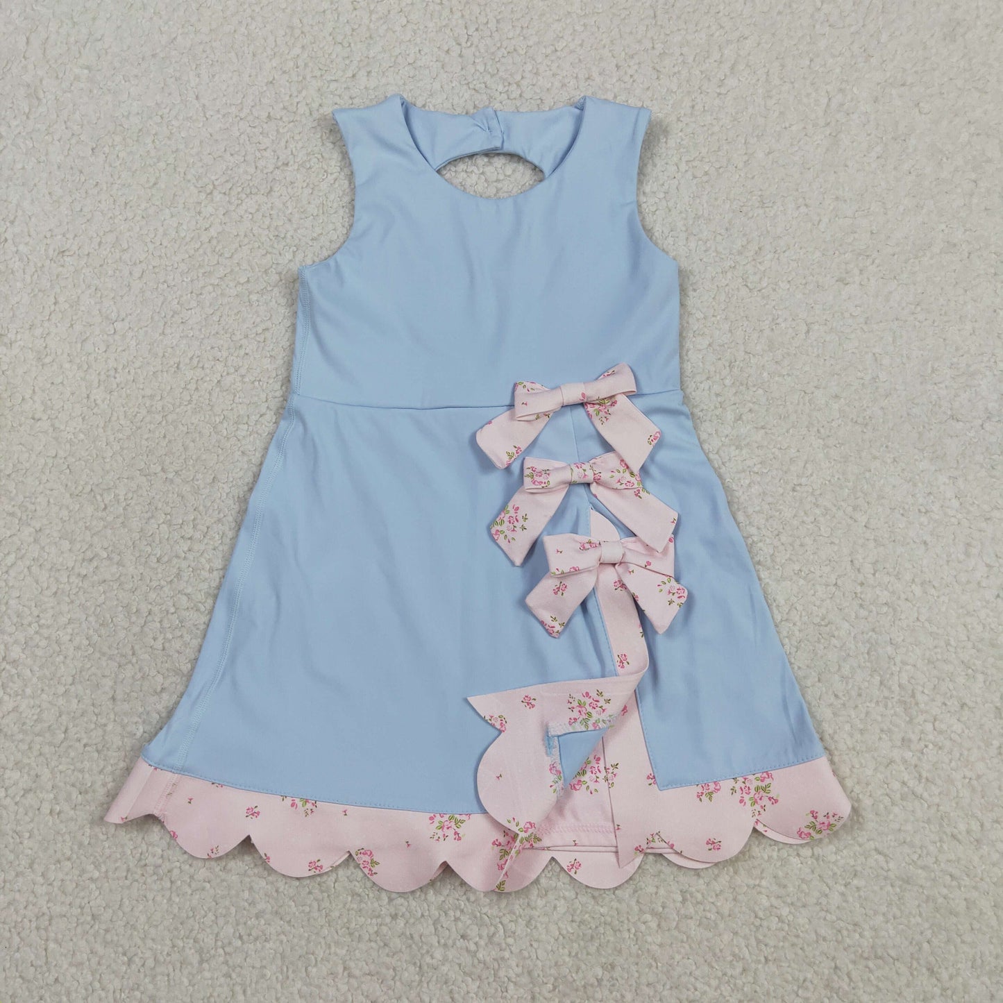 GSD3030 RTS NO MOQ （In stock ）Sleeveless floral bow light blue kids girls summer athletic dress