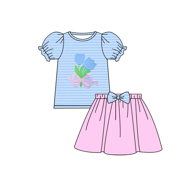 11.5 GSD3039 Pre order No Moq Baby Girls Blue Stripe Flowers Bows Top Pink Skirts Clothes Sets