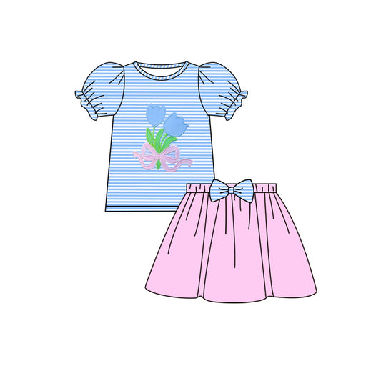 11.5 GSD3039 Pre order No Moq Baby Girls Blue Stripe Flowers Bows Top Pink Skirts Clothes Sets