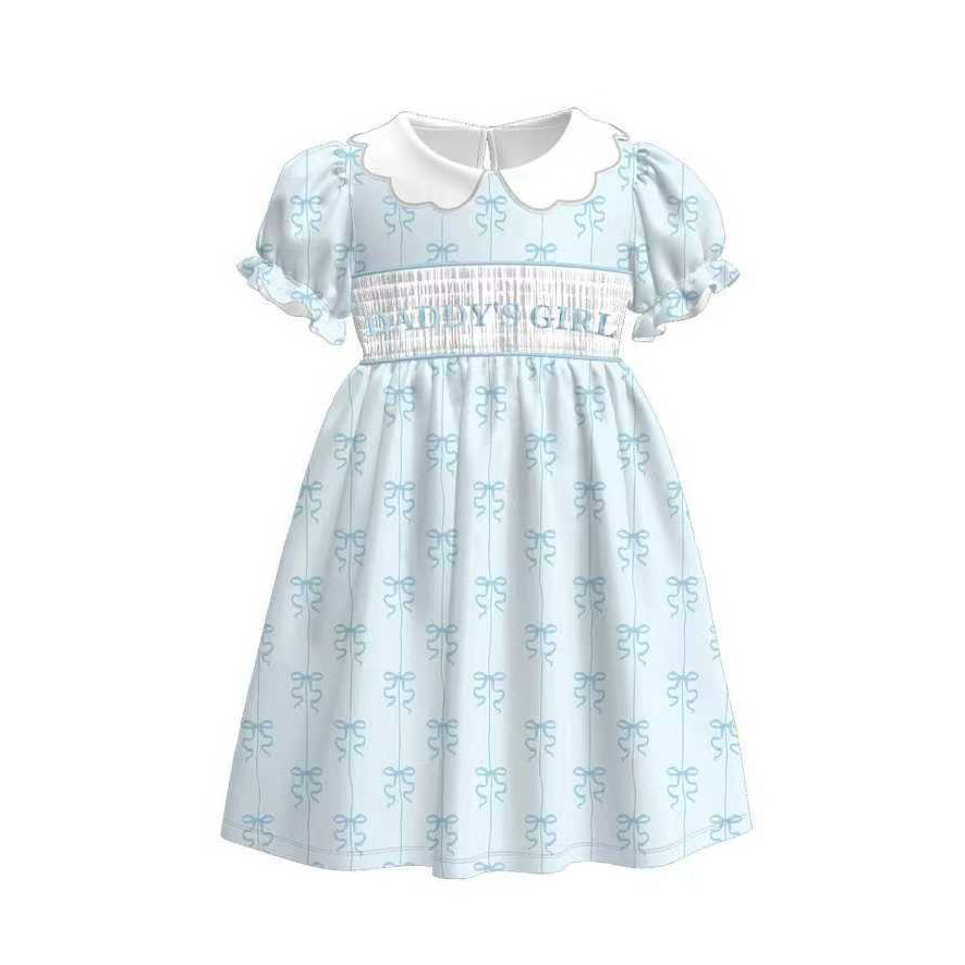 11.5 GSD3042 Pre order No Moq Baby Girls Blue Bows Daddy's Girl Ruffle Sleeve Knee Length Dresses