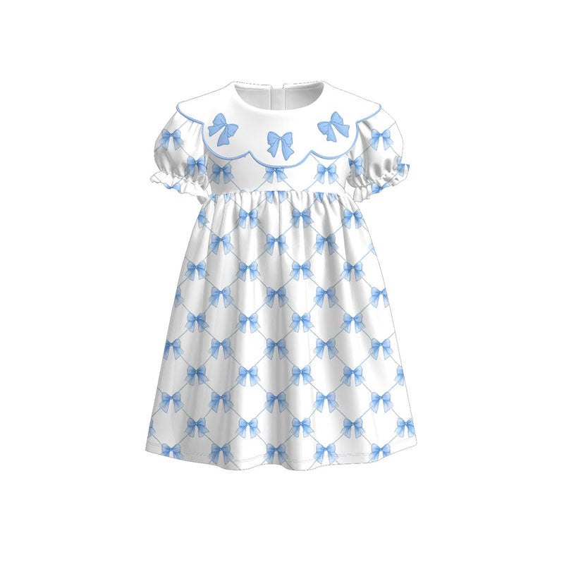 11.5 GSD3045 Pre order No Moq Baby Girls Blue Bows Checked Ruffle Sleeve Knee Length Dresses