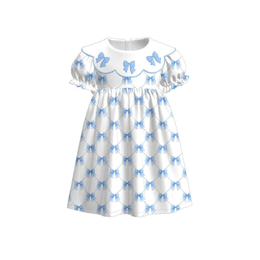 11.5 GSD3045 Pre order No Moq Baby Girls Blue Bows Checked Ruffle Sleeve Knee Length Dresses