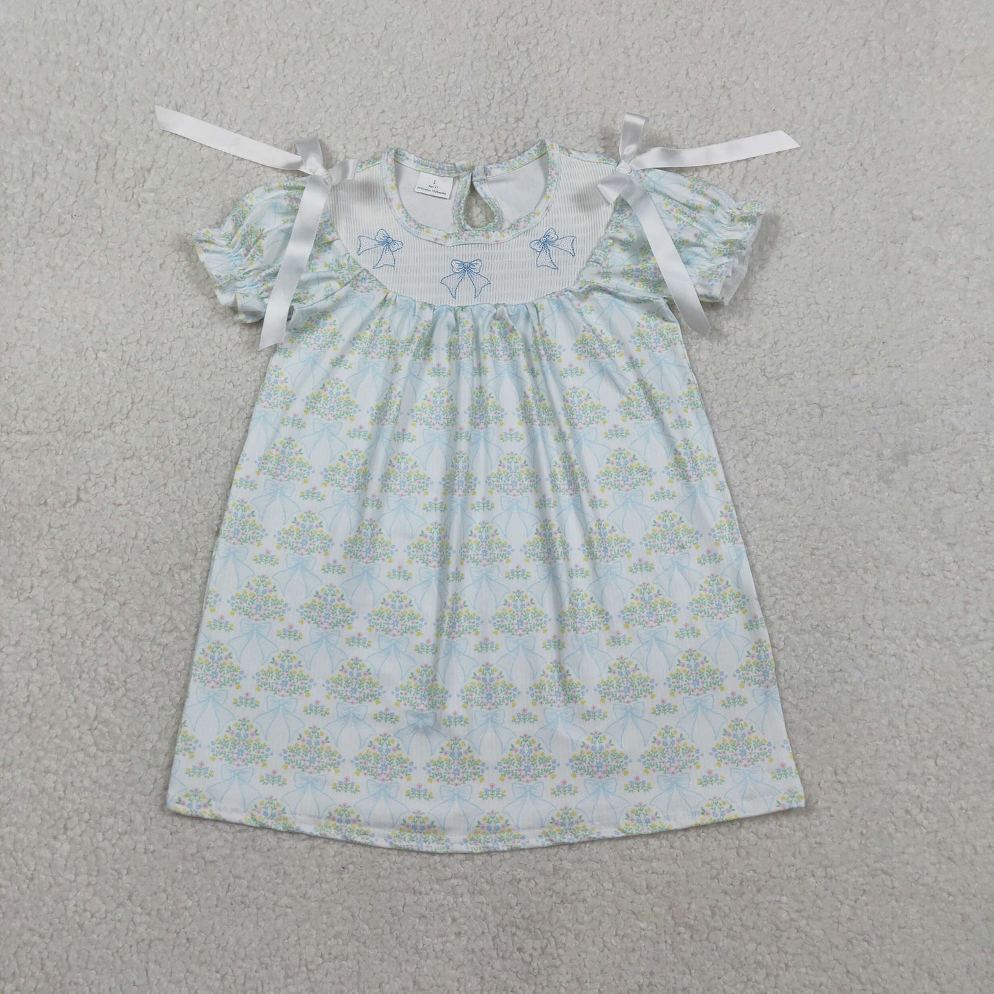 1.31 RTS NO MOQ （In stock）GSD3046 Smocked Bows Baby Girls Flowers Short Ruffle Sleeve Knee Length Dresses