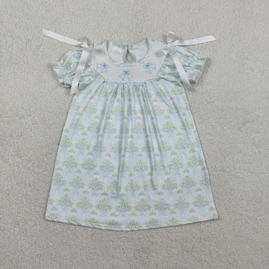 1.31 RTS NO MOQ （In stock）GSD3046 Smocked Bows Baby Girls Flowers Short Ruffle Sleeve Knee Length Dresses