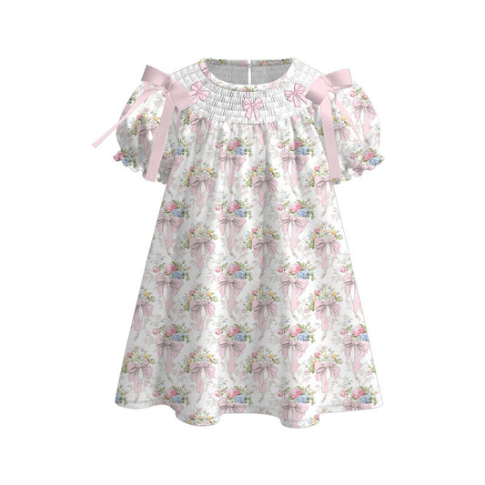 11.5 GSD3047 Pre order No Moq Baby Girls Pink Flowers Bows Ruffle Sleeve Knee Length Dresses