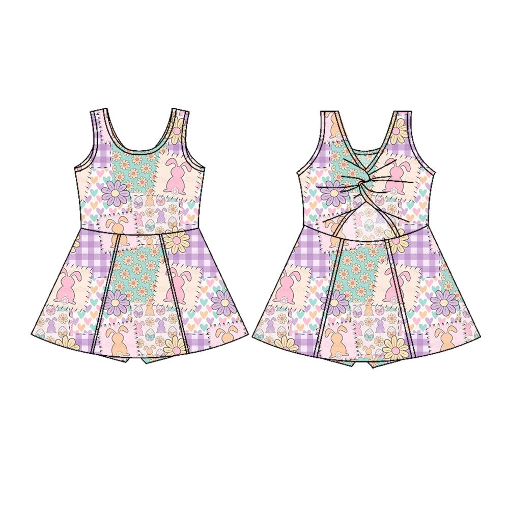 11.6 GSD3051 Pre order No Moq Yoga fabric Baby Girls Sleeveless Rabbits Flowers Checked Easter Yoga Shorts Knee Length Dresses
