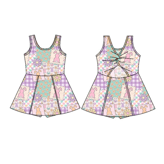 11.6 GSD3051 Pre order No Moq Yoga fabric Baby Girls Sleeveless Rabbits Flowers Checked Easter Yoga Shorts Knee Length Dresses