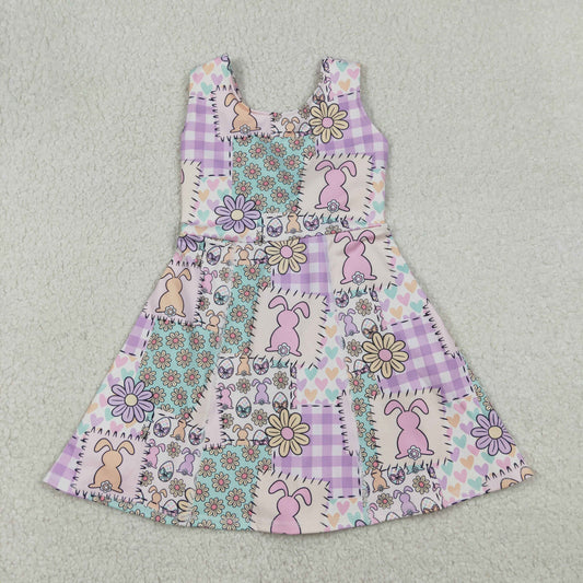 12.23 RTS NO MOQ （In stock）GSD3051 Baby Girls Rabbits Flowers Checked Easter Yoga Active Shorts Knee Length Dresses
