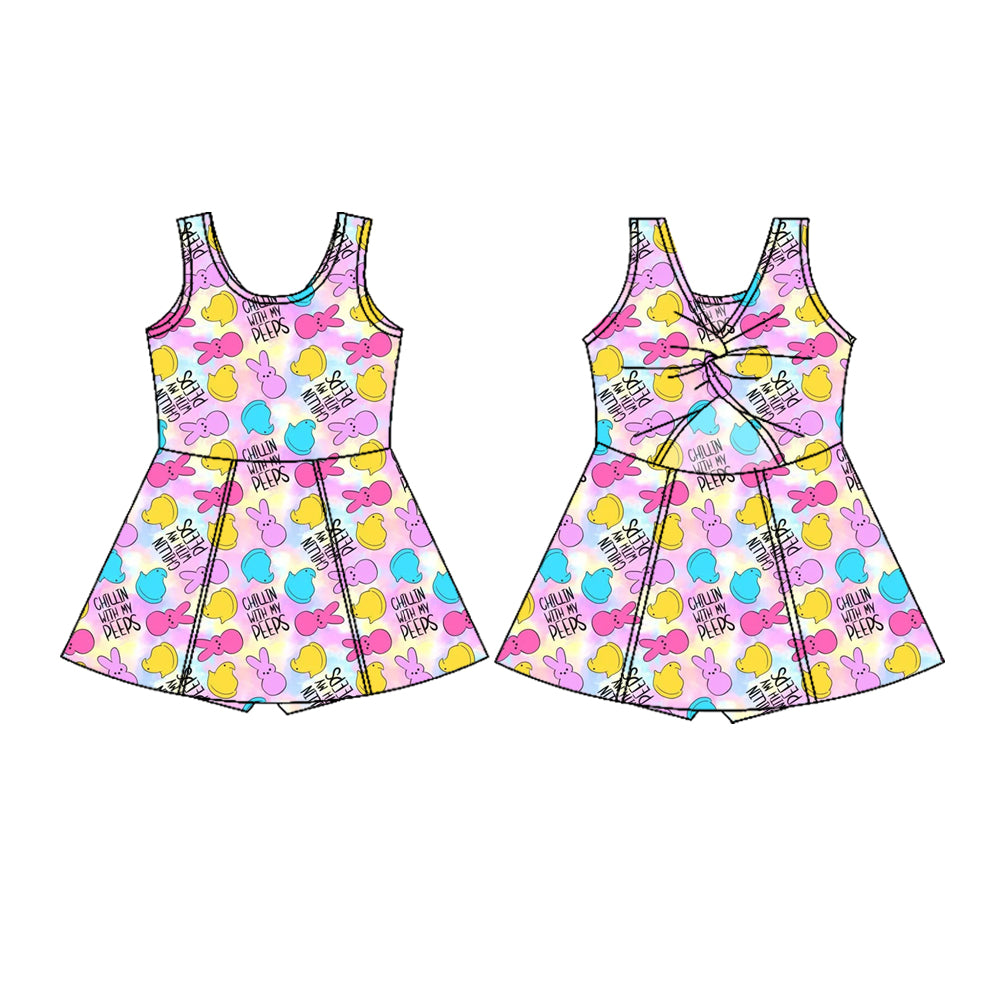 11.6 GSD3052 Pre order No Moq Yoga fabric Baby Girls Sleeveless Colorful Rabbits Chicks Easter Yoga Shorts Knee Length Dresses