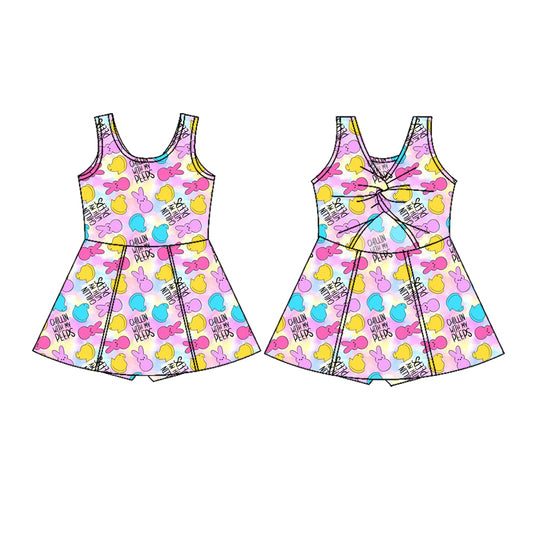 11.6 GSD3052 Pre order No Moq Yoga fabric Baby Girls Sleeveless Colorful Rabbits Chicks Easter Yoga Shorts Knee Length Dresses