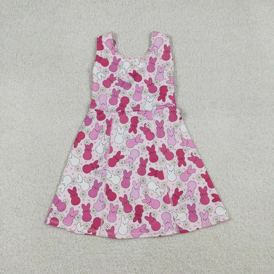 12.20 RTS NO MOQ （In stock）GSD3053 Baby Girls Sleeveless Pink Rabbits Daisy Easter Yoga Shorts Knee Length Dresses