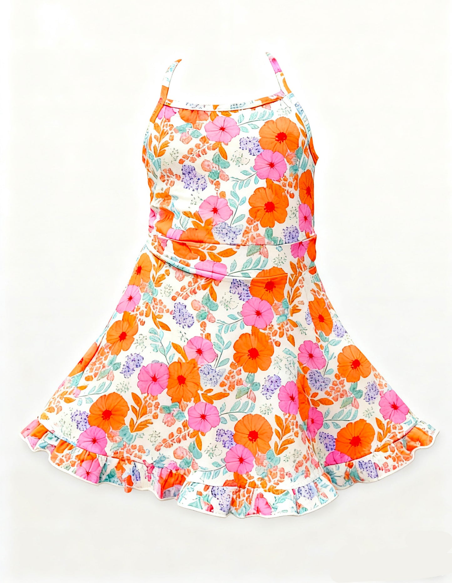 11.6 GSD3054 Pre order No Moq Yoga fabric Baby Girls Strap Pink Orange Flowers Yoga Ruffle Knee Length Dresses