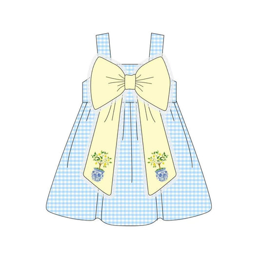 11.7 GSD3063 Pre order No Moq Baby Girls Blue Checked Strap Flowers Bows Knee Length Dresses