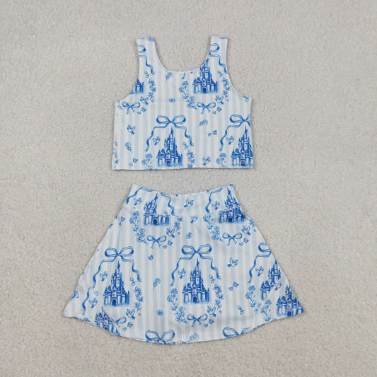 12.13 RTS NO MOQ （In stock）GSD3067 Baby Girls Blue Castles Bows Top Skirt Shorts Yoga Active Clothes Set