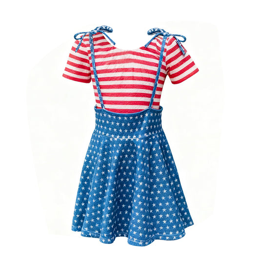 11.8 GSD3073 Pre order No Moq Baby Girls Red Stripe Shirt Blue Stars Dresses 2 Piece Clothes Sets