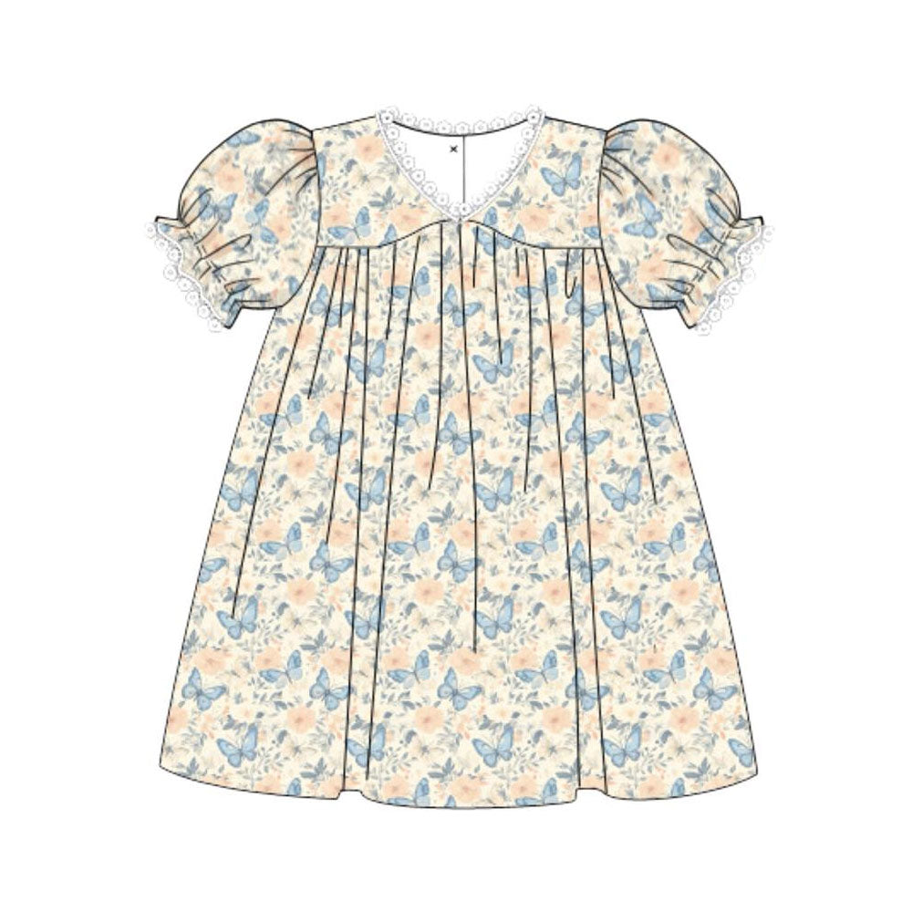 11.8 GSD3074 Pre order No Moq Baby Girls Short Sleeve Ruffle Flowers Butterfly Knee Length Dresses