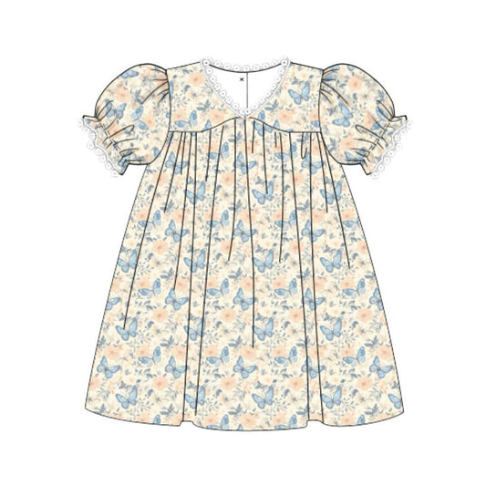 11.8 GSD3074 Pre order No Moq Baby Girls Short Sleeve Ruffle Flowers Butterfly Knee Length Dresses