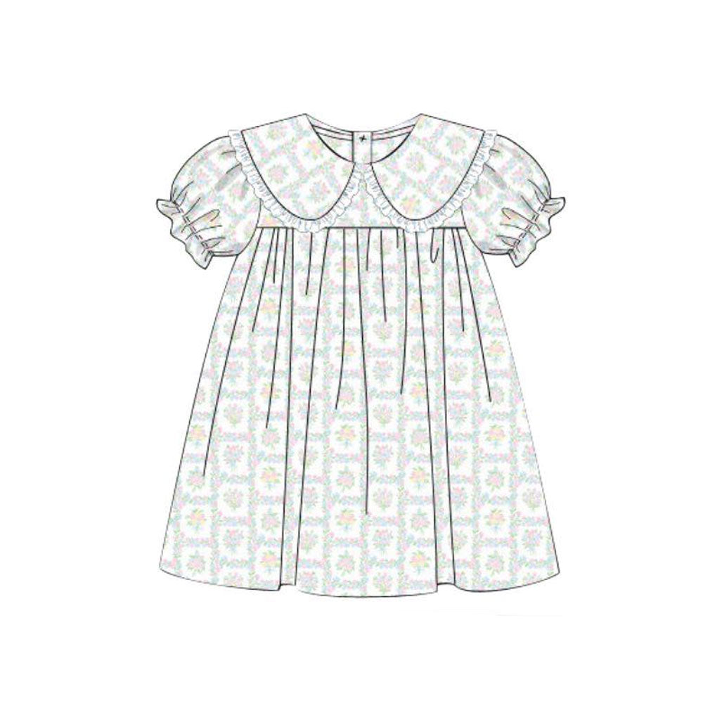 11.8 GSD3075 Pre order No Moq Baby Girls Short Sleeve Ruffle Flowers Checked Knee Length Dresses
