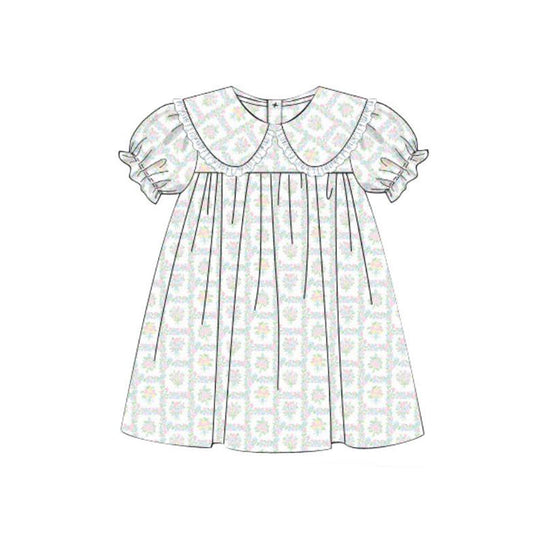 11.8 GSD3075 Pre order No Moq Baby Girls Short Sleeve Ruffle Flowers Checked Knee Length Dresses